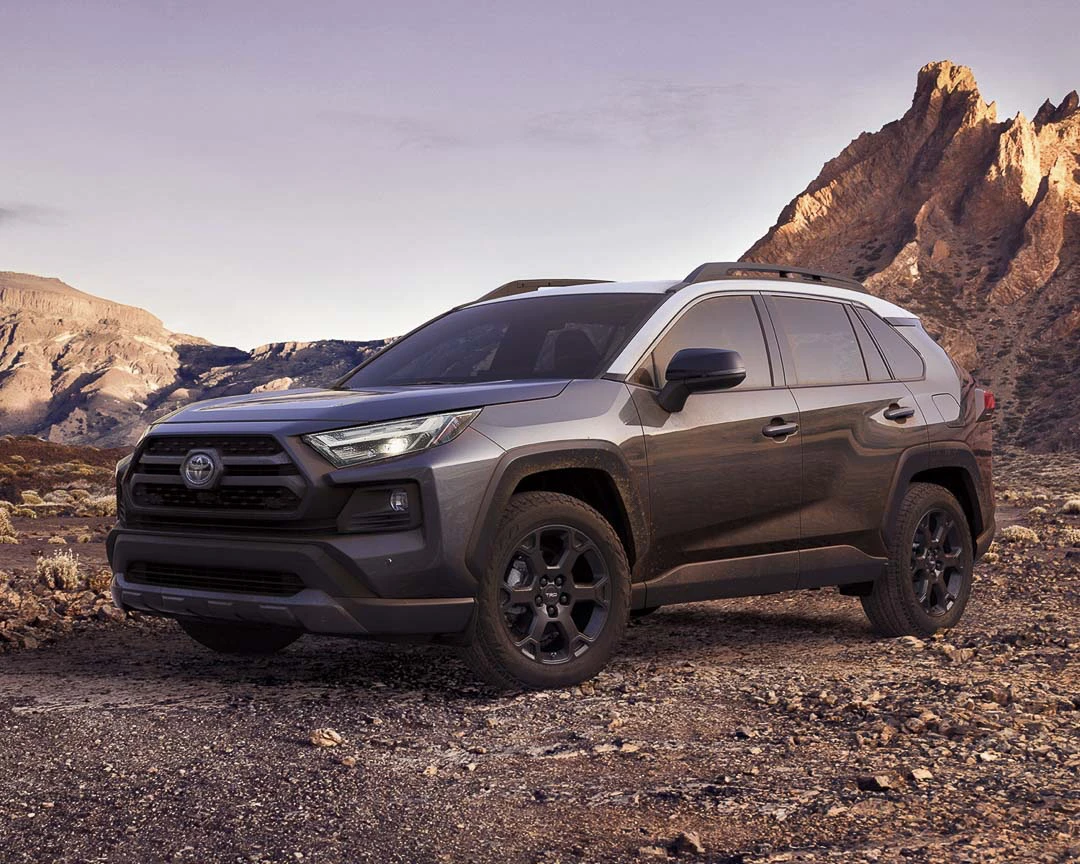 Grey 2022 Toyota RAV4 in a mountain landscape.